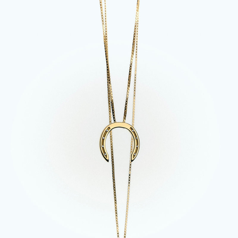 A delicate gold necklace with a horseshoe pendant, featuring small diamonds embedded in the holes, set against a light background.